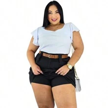 Short Skirt Plus Size Tailored With Belt Various Colors Summer - 套件 2 黑色/米色 - 查看 9