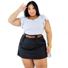 Short Skirt Plus Size Tailored With Belt Various Colors Summer - 套件 2 黑色/米色 - 查看 8