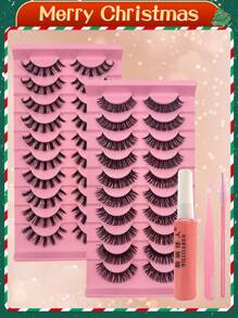 10 对/包圣诞 D-Curl 仿貂皮睫毛延长套装，带睫毛涂抹器、胶水、仿貂皮睫毛套装，DIY 自然外观，轻巧可重复使用，是送给女性的最佳圣诞礼物 - 黑色 - 查看 1