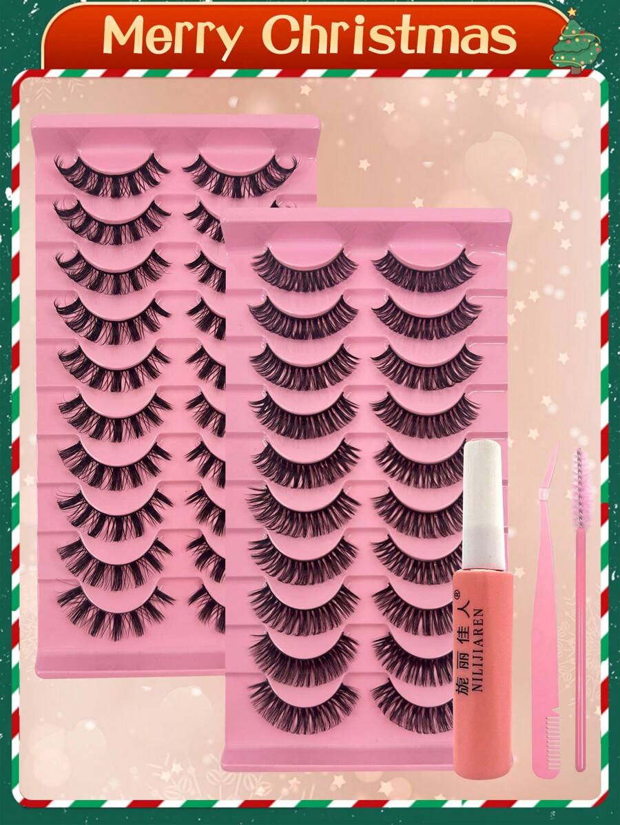 10 对/包圣诞 D-Curl 仿貂皮睫毛延长套装，带睫毛涂抹器、胶水、仿貂皮睫毛套装，DIY 自然外观，轻巧可重复使用，是送给女性的最佳圣诞礼物 - 黑色 - 查看 1