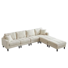 122.5-Inch Oversized U-Shaped Modular Sofa, Corduroy Fabric Sofa, Living Room Sectional Sofa With 2 Pillows, Two Ottoman, Plastic Leg, Black - Beige + Corduroy + Foam + 4 Seat - View 5