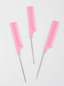3pcs Women's Rat Tail Comb With Steel Needle, Teasing Comb With Belt, Suitable For Home And Salon Use - Pink - View 3