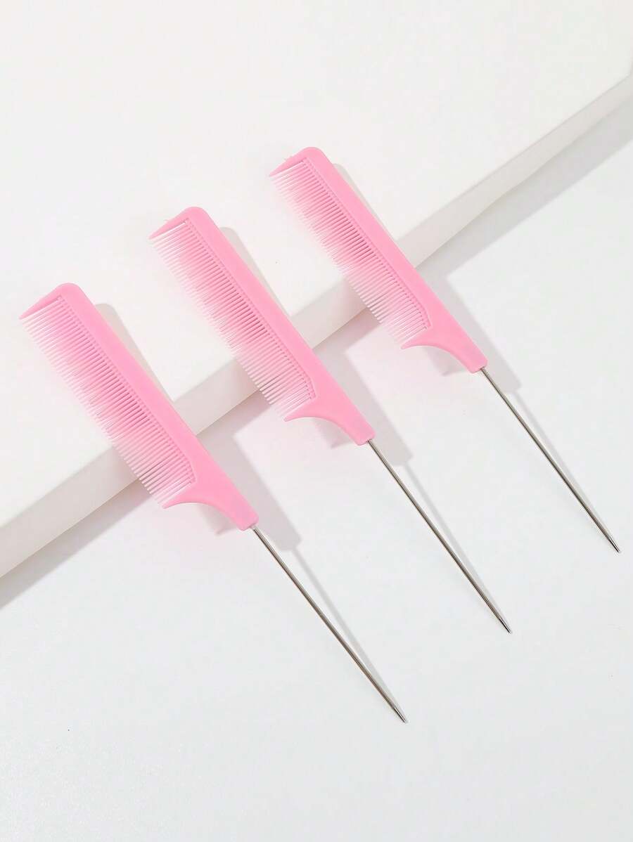3pcs Women's Rat Tail Comb With Steel Needle, Teasing Comb With Belt, Suitable For Home And Salon Use - Pink - View 1