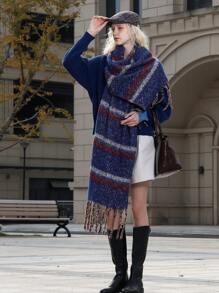 1 件复古优雅条纹仿羊绒针织柔软亲肤超大厚实保暖防风女士围巾，适合日常、通勤、休闲、户外、节日礼物、时尚高端配饰 - 彩色 - 查看 4