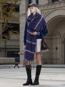 1 件复古优雅条纹仿羊绒针织柔软亲肤超大厚实保暖防风女士围巾，适合日常、通勤、休闲、户外、节日礼物、时尚高端配饰 - 彩色 - 查看 3