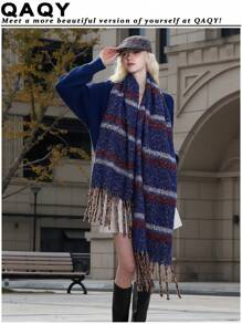 1 件复古优雅条纹仿羊绒针织柔软亲肤超大厚实保暖防风女士围巾，适合日常、通勤、休闲、户外、节日礼物、时尚高端配饰 - 彩色 - 查看 1