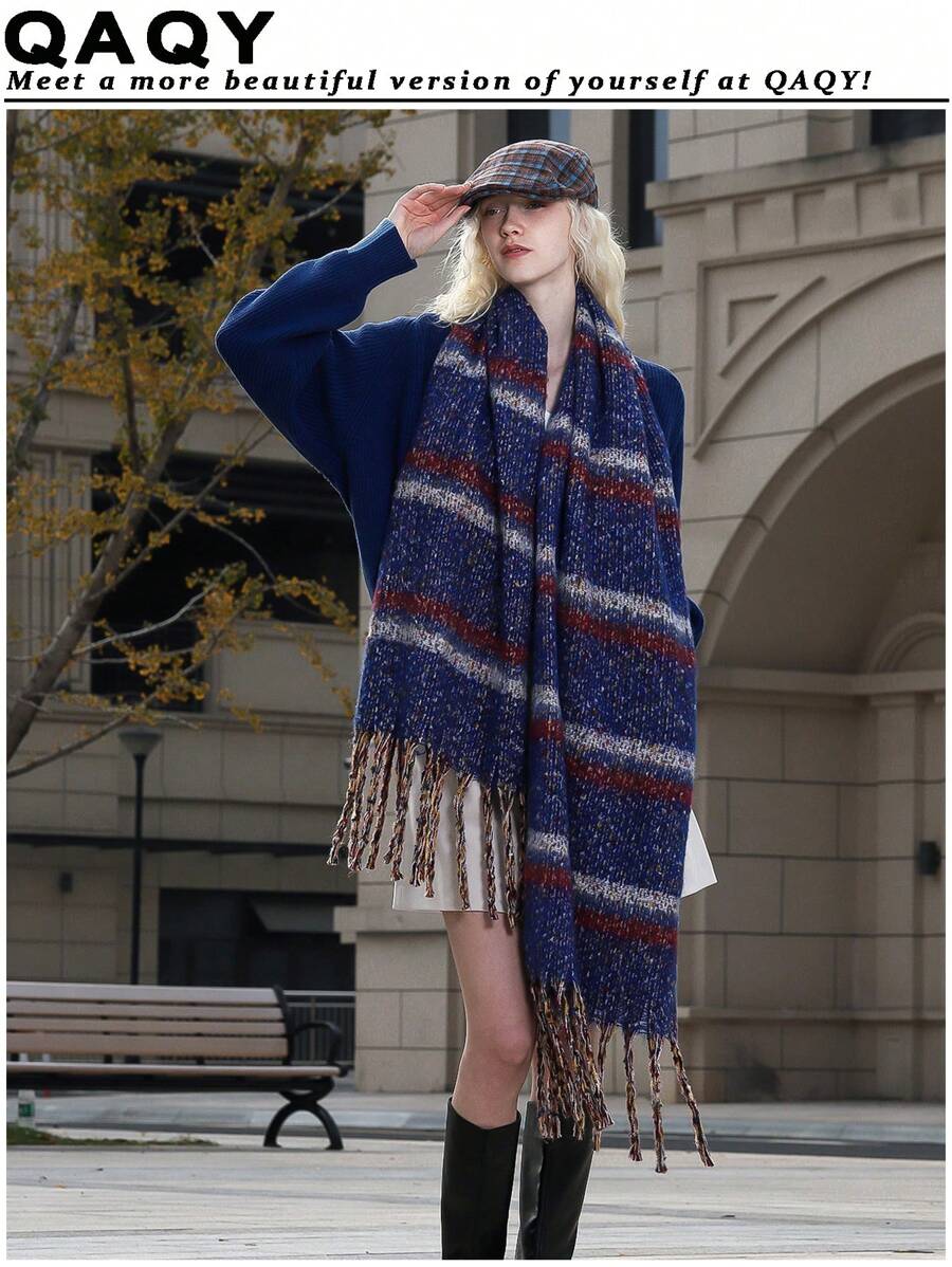 1 件复古优雅条纹仿羊绒针织柔软亲肤超大厚实保暖防风女士围巾，适合日常、通勤、休闲、户外、节日礼物、时尚高端配饰 - 彩色 - 查看 1