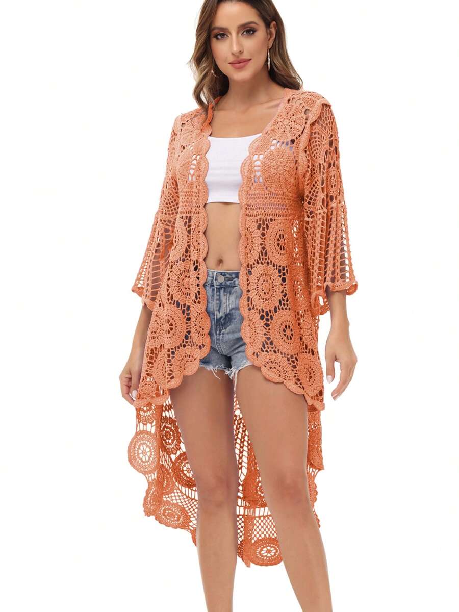 Women's Crochet Long Vest Boho Short Sleeve Kimono Cardigan Swimwear Cover Up - trái cam - Xem 1