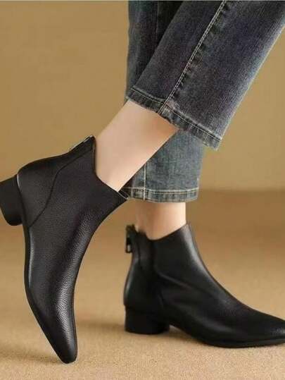 Women's Spring/Summer Short Boots, Low Heel Pointed Toe Leather Shoes, Ankle Boots, Anti-Slip Dress Shoes, Comfortable, Retro French Style Short Boots, Chunky Heel Boots