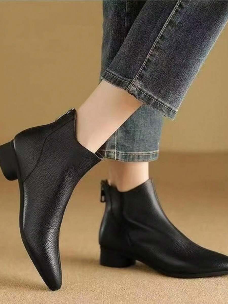 女士春夏踝靴，低跟尖头皮鞋，踝靴，防滑正装鞋，舒适，复古法式踝靴，粗跟靴 - 黑色 - 查看 1