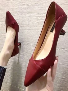 黑色百搭低跟/高跟尖头舒适一脚蹬高跟鞋，适合工作、春秋季节 - 酒紅色 - 查看 1