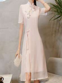 复古优雅花卉刺绣改良旗袍连衣裙