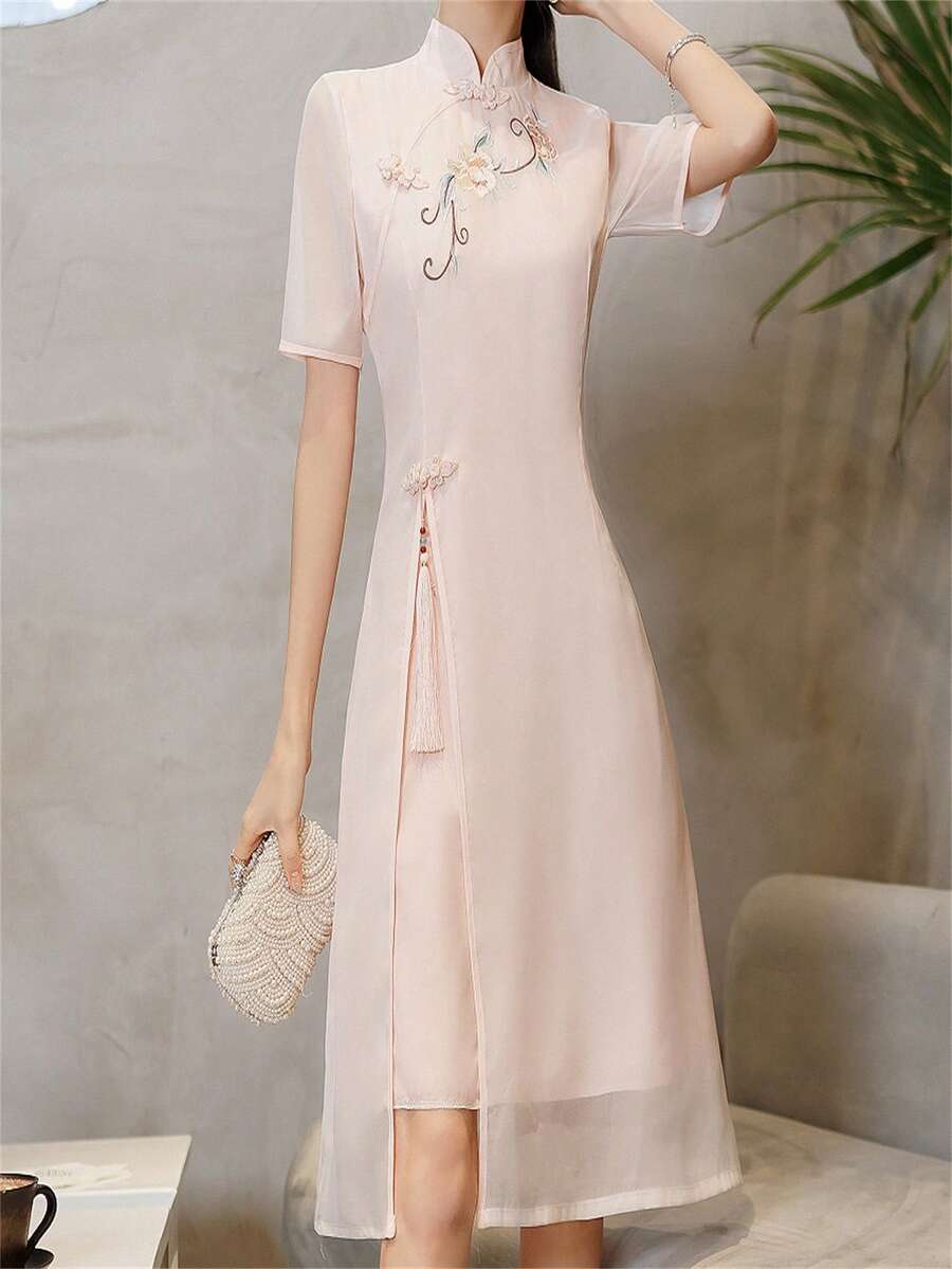 复古优雅花卉刺绣改良旗袍连衣裙