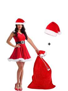 3pcs Santa Bag + Santa Hat Set, Red Gift Bag Reusable Tether Bag, Holiday Santa Hat Suitable For Adults And Children Christmas Party Supplies - Multicolor - View 6