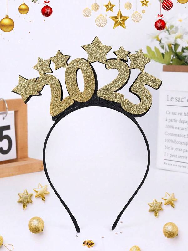 1pc 2025 Headband With Star,Exquisite Gold Tinsel,Glitter New Year Head Boppers Headband Decor For New Year,Birthday,Party Decoration.