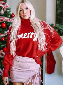 Women's Simple High Neck Letter Graphic Loose Fit Sweater, Autumn/Winter