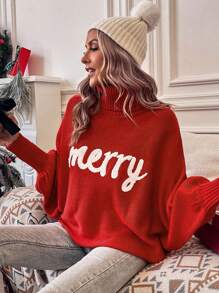 Women's Simple High Neck Letter Graphic Loose Fit Sweater, Autumn/Winter