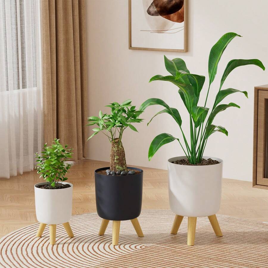 1 Pieza Macetero autorregable moderno con soporte - Redondo, macetero de plástico para interiores/exteriores para sala de estar, dormitorio, decoración del hogar - Disponible en negro y blanco, macetero desmontable para plantas artificiales y macetas de hierbas, macetero de interior para plantas de interior