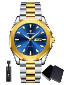 POEDAGAR 1件装休闲男士不锈钢石英腕表，双日期显示，商务男士防水夜光腕表，时尚男士腕表，适合日常佩戴，男士礼物 - 均碼 - 查看 21