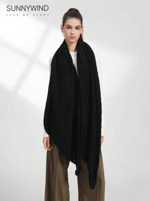 1 件女士纯色涤纶休闲条纹保暖围巾，适合秋冬季日常使用 - 黑色 - 查看 1