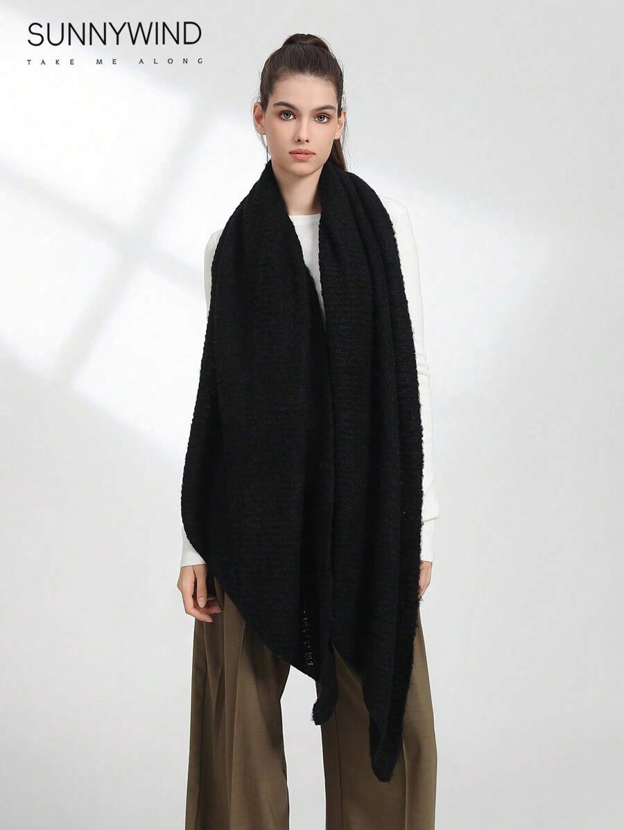 1 件女士纯色涤纶休闲条纹保暖围巾，适合秋冬季日常使用 - 黑色 - 查看 1