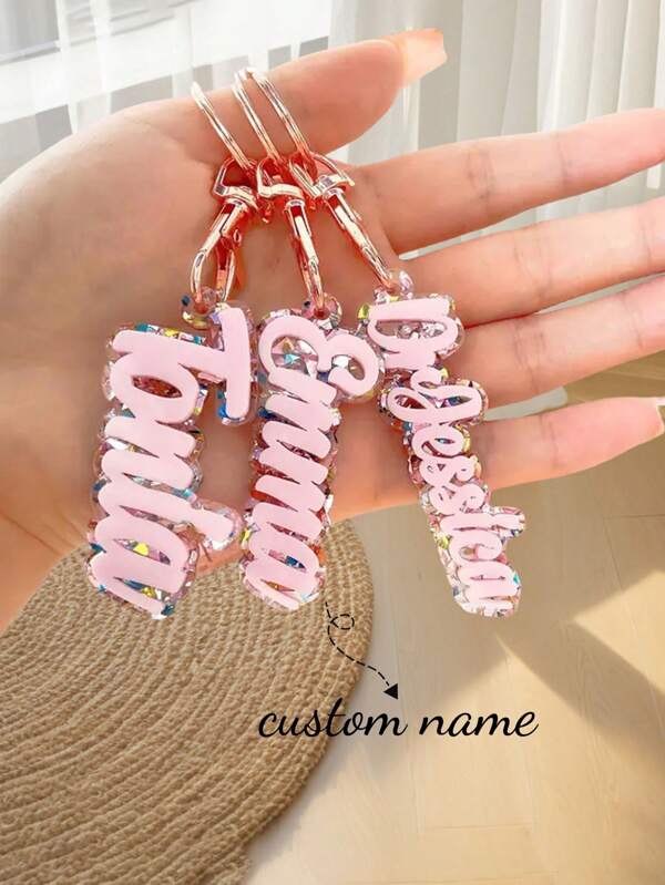 1piece Pink Acrylic Keychain With Custom Name And Date, Shimmer Blue Tag, Creative Pendant, Holiday Gift Creative Custom Acrylic Name Keychain - Personalized Lobster Clasp Bag, Backpack, And Diaper Bag - The Perfect Mother's Day Gift