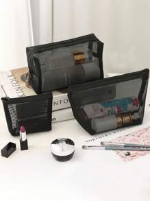 3pcs Nylon Mesh Makeup Bag, Transparent Black Mesh Wash Bag, Hollowed Out Mesh Storage Bag - Black - View 1