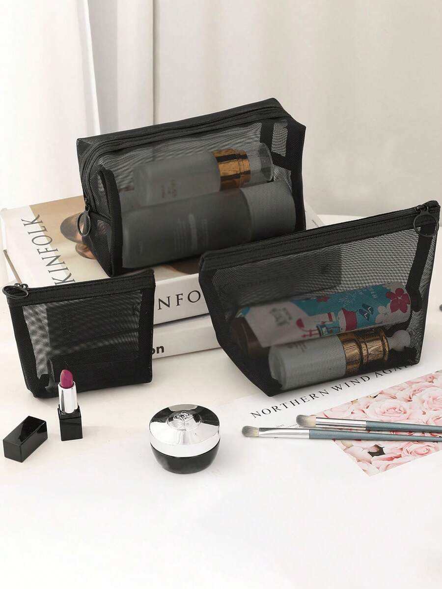 3pcs Nylon Mesh Makeup Bag, Transparent Black Mesh Wash Bag, Hollowed Out Mesh Storage Bag - Black - View 1
