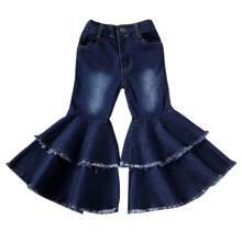 Pantalones largos acampanados para niñas, vaqueros anchos para bebés, pantalones acampanados de cintura alta para invierno. - Azul - Ver 2