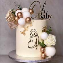 Pregnant Girl Silhouette, Abstract Line Art Cake Topper, Pregnant Girl Acrylic Happy Birthday Cake Topper, For Expectant Mothers Party Gold Mirror Cake Topper, Pregnant Lady Baby Shower Cake Topper. - Multicolor - View 9