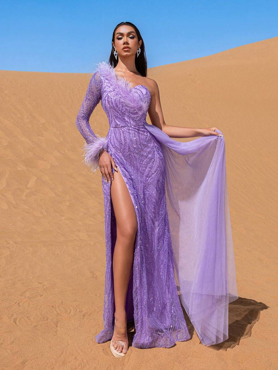 Faeriesty 单袖亮片粉彩串珠正式礼服及晚礼服，饰有火鸡羽毛领口，适合派对、婚礼等场合，优雅迷人。