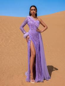 Faeriesty 单袖亮片粉彩串珠正式礼服及晚礼服，饰有火鸡羽毛领口，适合派对、婚礼等场合，优雅迷人。 - 紫色 - 查看 10