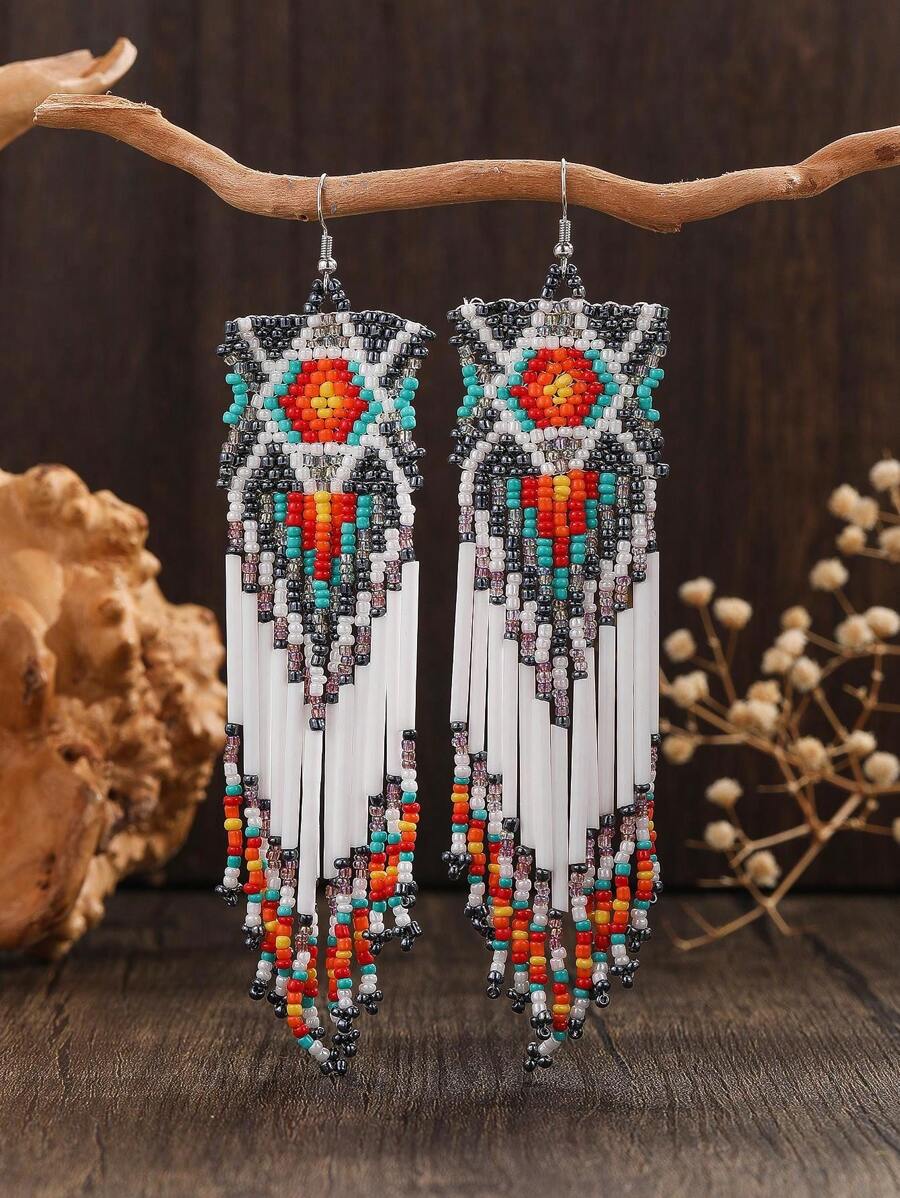 1 Cặp hoa tai tua rua hình học Bohemian cổ điển, trang sức thời trang thủ công phù hợp cho phụ nữ đeo hàng ngày, đa năng và là món quà tuyệt vời cho ngày lễ - tua rua đính cườm bằng tay - Xem 1