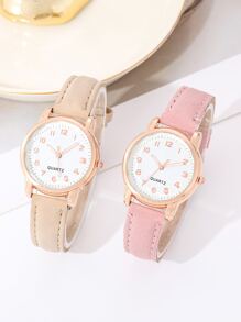 2pcs Korean Version Minimalist Mori Style & College Style & Vintage Hong Kong Style & Leisure Art Couple Watch, Suitable For Daily Wear