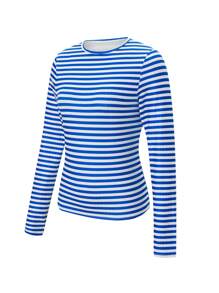 Women's Rib Knitted Striped T-Shirts Contrast Color Slim Fit Long Sleeve Round Neck Casual Tee Tops - Blue - View 8