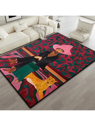 1 块猎豹与人图案大地地毯，防滑、不脱落、防污地毯，适用于客厅、卧室、洗衣房，仅可手洗，家居装饰，房间装饰