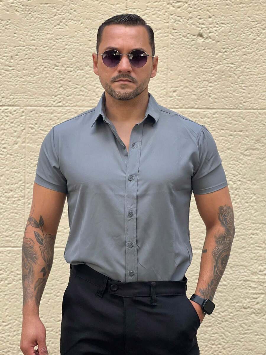 SlimFit Basic Viscose Shirt - 灰色 - 查看 1