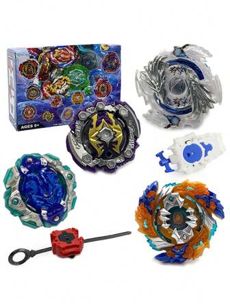 Battling Tops Boxed Set, Burst Spin Top Roterande Toy, 4st Spinning Tops + 2st Launchers + Stickers, Battle Game Med Portabel Box Present (Lådan med fönster är endast för referens)