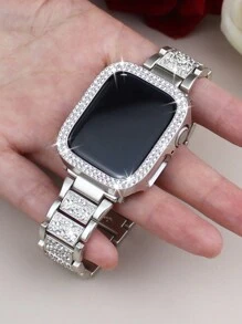 兼容 表带和表壳 38/40/41/42/44/45/46/49 毫米，采用闪亮水钻镶嵌金属表带和防震硬质 PC 表壳，表壳上镶嵌两排钻石。兼容 Series Ultra/11/10/9/8/7/6/5/4/3/SE。女士时尚闪亮表壳套装。 - 星光粉 - 查看 4