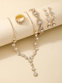 1 Bộ trang sức thời trang dự tiệc sang trọng phong cách Âu Mỹ thanh lịch dành cho nữ - Dây chuyền kim loại, Đá pha lê thủy tinh, Trang trí hoa, Pha lê lấp lánh, Dây chuyền tua rua, Hoa tai, Vòng tay, Nhẫn, Thích hợp cho các buổi họp mặt, Tiệc gia đình, Lễ hội âm nhạc, Sự kiện trang trọng - Vàng - Xem 2