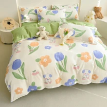 Bộ 4 vỏ chăn họa tiết hoa, Bộ đồ giường phong cách tươi mới, Thân thiện với da & thoáng khí, Phù hợp với mọi mùa, Bao gồm 1 vỏ chăn, 1 ga trải giường, 2 vỏ gối (Không bao gồm ruột) - Nhiều màu - Xem 3