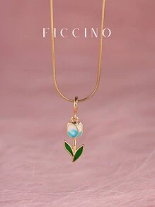 FICCINO 彩色郁金香镀金吊坠项链，钛钢镀金蛇链可调节长度，可爱又个性化的珠宝礼物，适合女孩、女朋友、节日，带礼盒 - 1196n - 查看 9