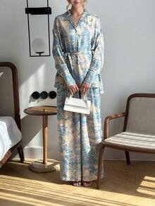 2 件套女士优雅法式印花长袖系带衬衫和宽松高腰阔腿裤休闲简约套装 - 彩色 - 查看 3