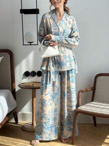 2 件套女士优雅法式印花长袖系带衬衫和宽松高腰阔腿裤休闲简约套装 - 彩色 - 查看 2