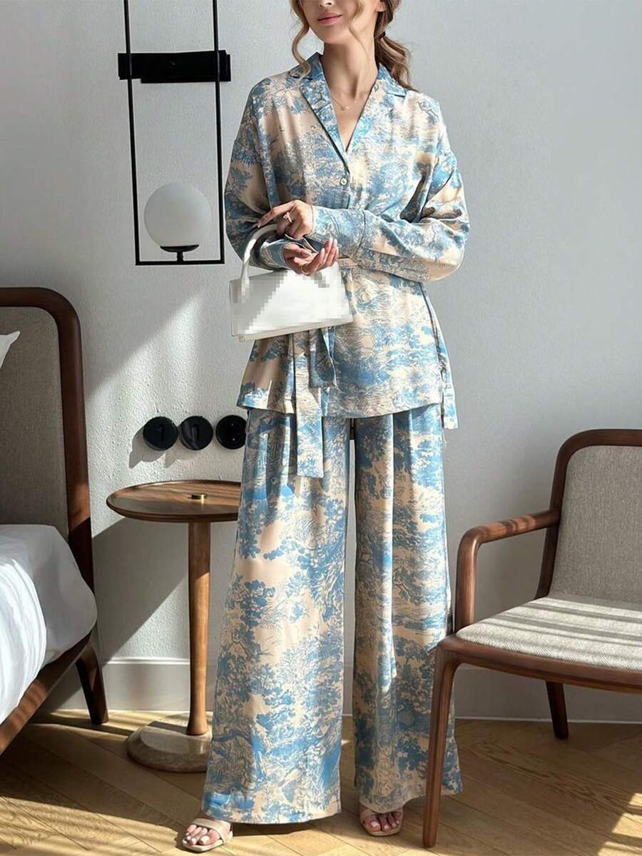 2 件套女士优雅法式印花长袖系带衬衫和宽松高腰阔腿裤休闲简约套装