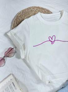 Women's Cropped T-Shirt In 100% Cotton Fabric With Heart - 奶油色 - 查看 2