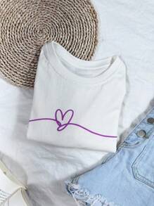 Women's Cropped T-Shirt In 100% Cotton Fabric With Heart - 奶油色 - 查看 3