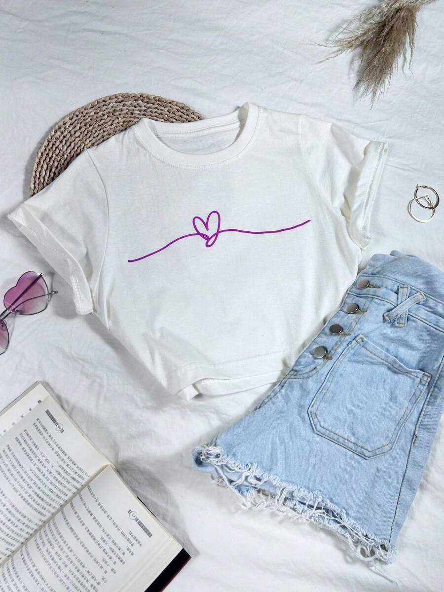 Women's Cropped T-Shirt In 100% Cotton Fabric With Heart - 奶油色 - 查看 1