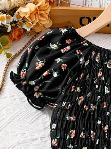 女孩碎花优雅休闲连衣裙，适合日常穿着、返校、校服 - 彩色 - 查看 4