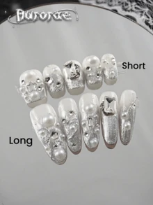 10 件装金属银色短杏仁形水钻装饰指甲贴纸，手工制作，适合日常、派对和聚会 - 彩色 - 查看 1